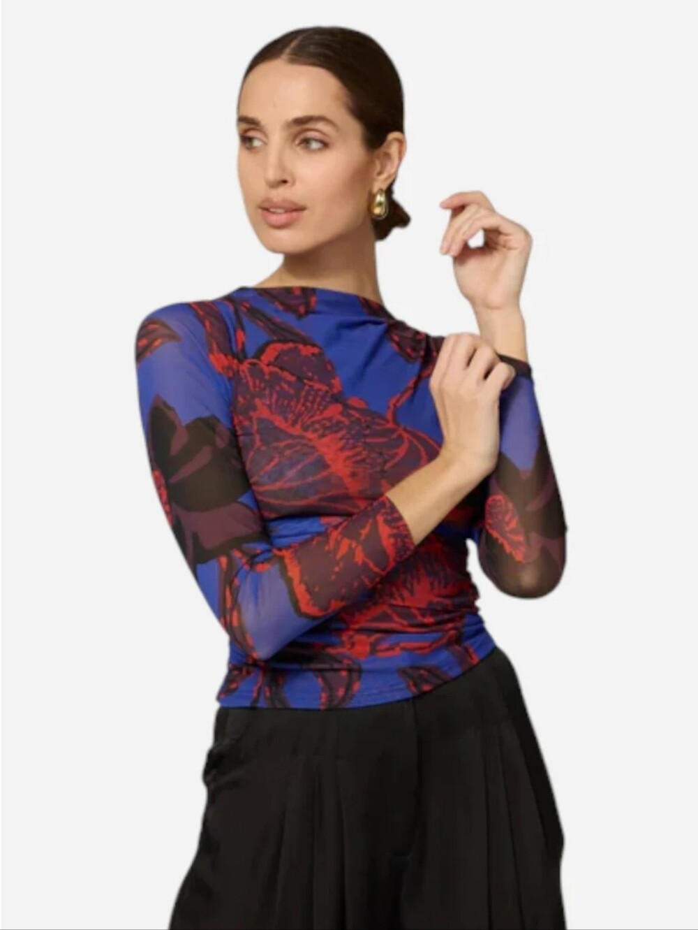 Cleobella Remy Mesh Long Sleeve Ruched Waist Top in La Rouge Indigo Floral Small